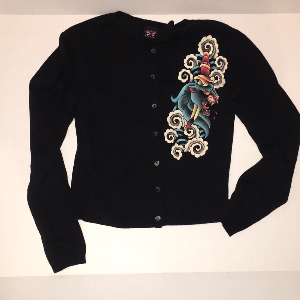 Lucky 13 Tattoo Tiger Graphic Cardigan – Black – Size M